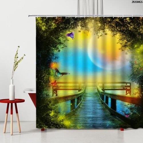 Dream Scenery Bathroom Shower Curtains Set Forest Bridge Pattern Polyester Home Decoration Washable Bathtub Partition With Hook