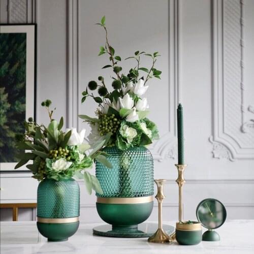 Modern Green Diamond Lattice Texture Glass Vase Model Room Sales Office Designer Home Living Room Desktop Soft Decor Ornament