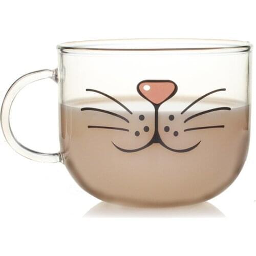 Hot sales 500ml Transparent Kawaii Glass Cup Cute Mug Cat Beard Pattern Beer Glass Funny Glass Tea Milk Water Cup Coffee Mug