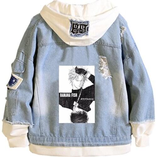 Banana Fish Painting Jeans Jacket Ash Lynx Anime Denim Hoodies Harajuku Streetwear Long Sleeve Women Sweatshirt Couple Costs