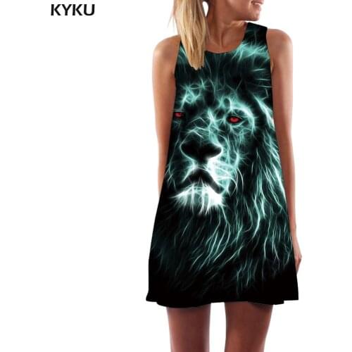 KYKU Lion Dress Women Black Mini Animal Ladies Dresses Green Light Korean Style Gothic Short Womens Clothing Summer