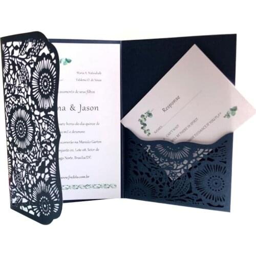 50pcs Navy Blue Laser Cut HolIow Flower Invitation Card With RSVP Card Customized Design Gold Foil Printing