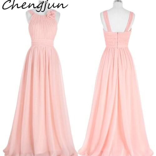 Chengjun Simple A Line Sleeveless Chiffon Long Pink Bridesmaid Dresses