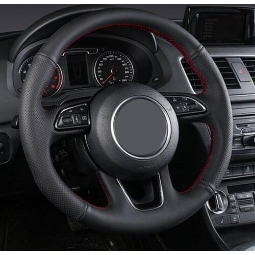 DIY Hand-Stitched Black Genuine Leather Car Steering Wheel Cover For Audi Q3 2013-2018 Q5 2013-2017 Q7 2012-2015