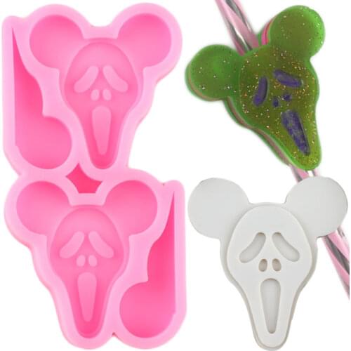 Halloween Mickey Silicone Straw Topper Molds Skull Head Candy Chocolate Fondant Cake Decorating Tools Keychain Epoxy Resin Mould