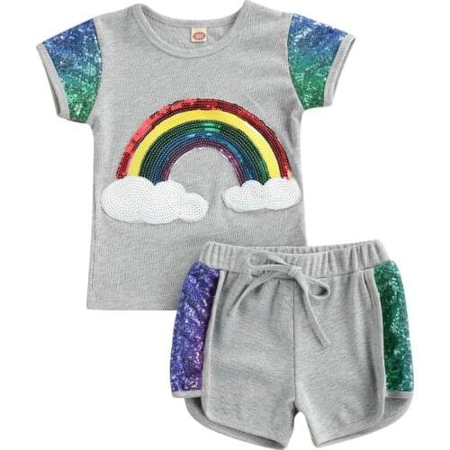 2pcs Set Fashion Summer Girl’s T-shirt Shorts Set Rainbow Sequin Short Sleeve Tops Bandage Short Pants Childrens Sets