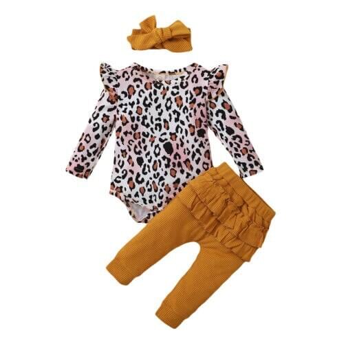 Newborn 3Pcs Outwear Suits Infant Toddler Girls Outfits Long Sleeve Leopard Romper Top + Ruffle Long Pant + Bow Headband
