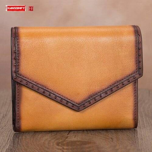 Leather Mini Purse Women Wallet Handmade Female Card Holder Short Wallets Zipper Coin Purses First Layer Cowhide Vintage 3 Fold