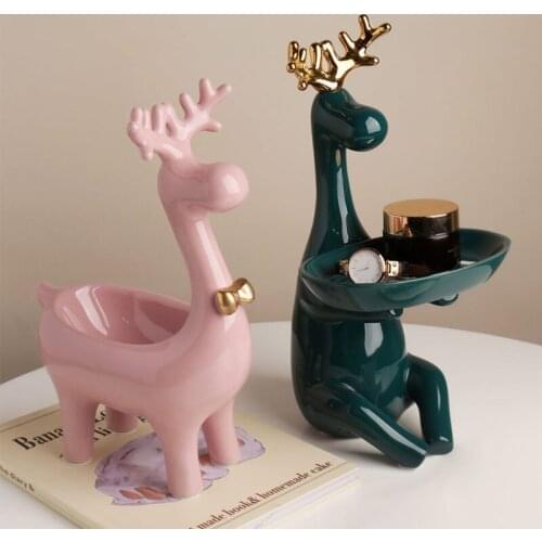 Creative Elk Animal Desktop Ornament Key Storage Tray Ceramic Statue Decor for Home Indoor Creative Desktop Decoration