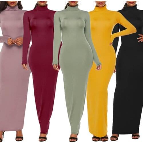 Hot Sales Casual Women Solid Color Long Sleeve Turtle Neck Stretchy Bodycon Long Dress
