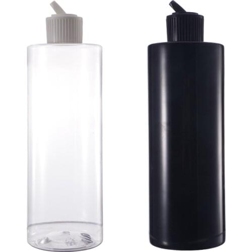 BPA-Free 16 oz Refillable Containers Clear Black Plastic Cylinder Round 500ml Squeeze Bottle with Dispensing Flip Top Pour Spout