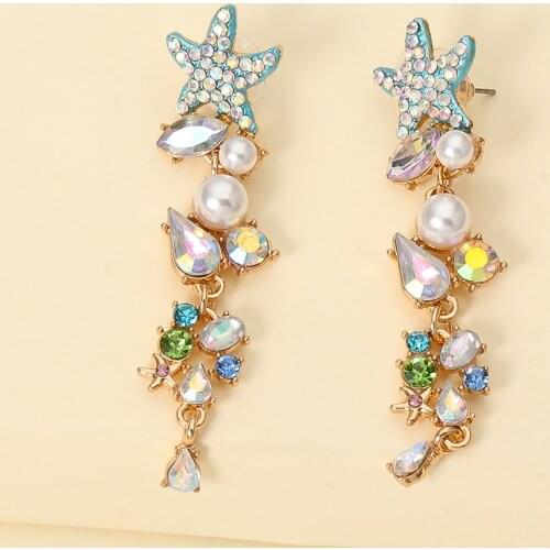Fashion Bling Crystal Bead Pearl Flower Long Earrings Metal Gold Plated Chain Earrings Women Summer Beach Vacation Jewelry