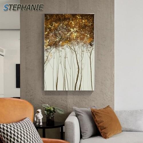 Fashion Golden Autumn Tree Canvas Painting Tableaux Moderne Abstract Gold Poster for Living Room Luxury Landscape Wall Art Decor