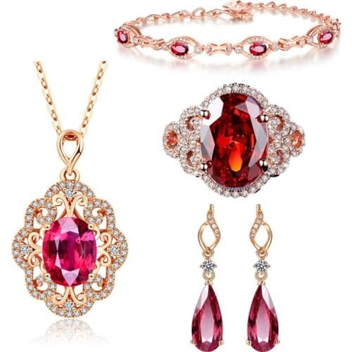 Vintage Rings Necklace Earrings Bracelet 925 Silver Jewelry Set with Ruby Zircon Gemstone Ornament for Women Wedding Party Gift