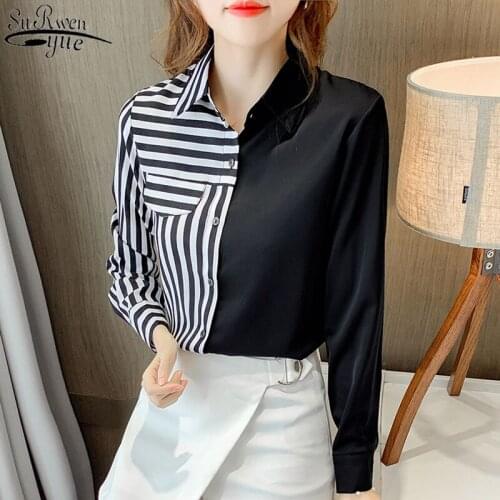 2021 New Korean Long Sleeve Womens Shirts Striped Spilcing Lapel Blouse Women Early Autumn Fashion Top Female Mujer 11703