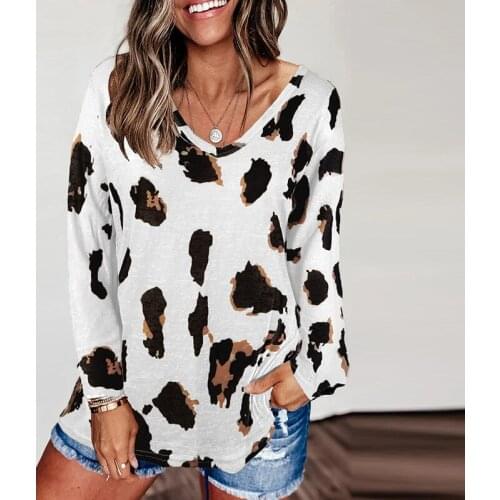 New leopard womens t-shirts long leeve pullover loose t-shirt casual cotton fashion hit color spring tops women