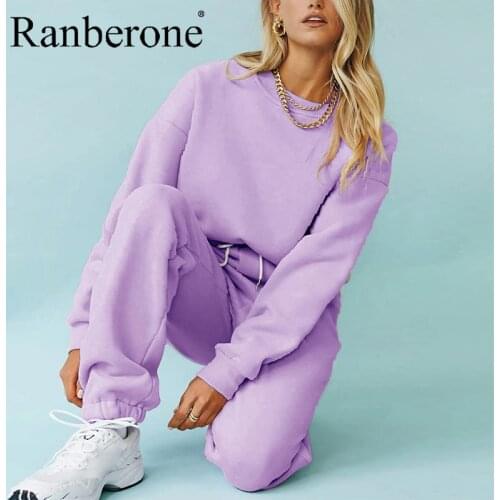 Ranberone Solid Womens Tracksuit Round Neck Sweater Plus Velvet Sweatpants Sport Suit Female Two Piece Loose Fitness Sportswear