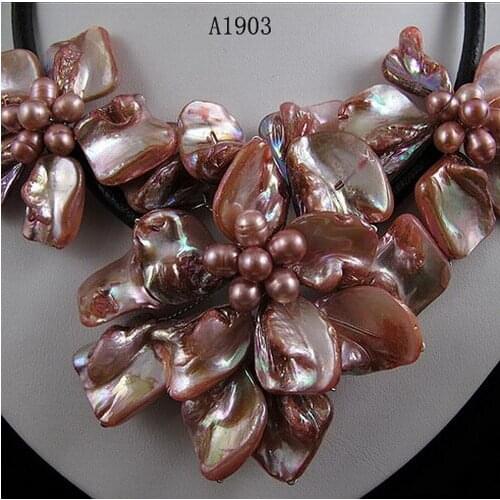 Handmade Shell Flower Leather Necklace,Light Pink Genuine Freshwater Pearl Shell Flower Real Leather ,Perfect Jewellery For Wome