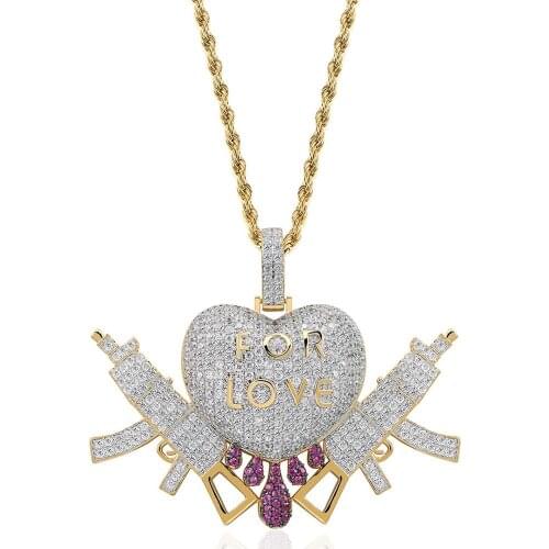 Hip Hop Micro Paved AAA Cubic Zirconia Bling Iced Out Forever Love Heart Gun Pendants Necklace for Men Rapper Jewelry Two Tone