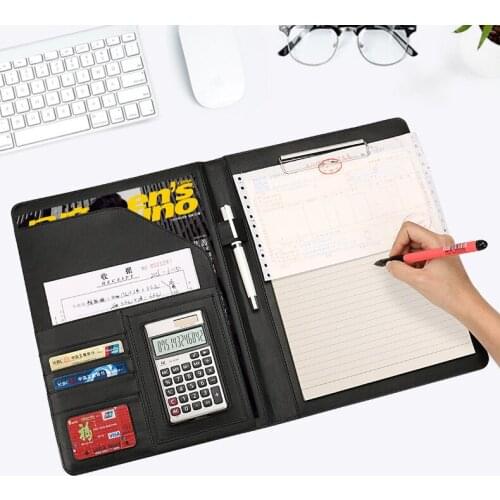 A4 Faux leather portfolio business executive padfolio folder biefcase document bag clip calculator pen loop office supplies 556B