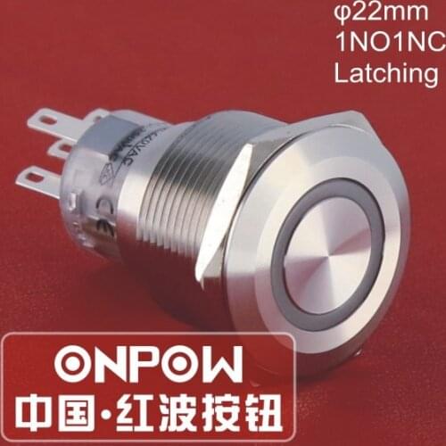 ONPOW 22mm IP67 1NO1NC 12V Green Ring LED On-Off Latching Stainless Steel Push button Switch (GQ22-A-11ZE/G/12V/S) CE, RoHS