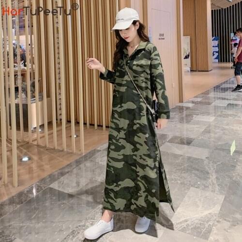 Long Sleeve Dress Maxi for Girls Autumn 2020 Loose Casual Women Cotton Blend Camouflage Plus Size Side High Split Basic Clothes