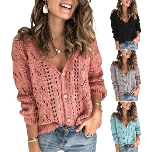 2020 Autumn Winter Casual Women V Neck Solid Color Buttons Hollow Out Knitted Sweater свитер женский pull femme