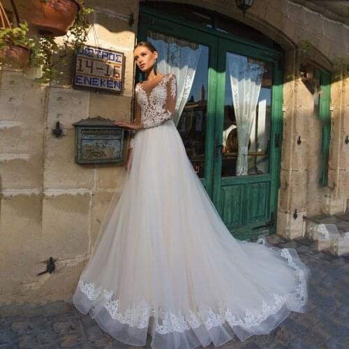 See Through Scoop Neck Dark Chocolate Skin Long Sleeves Wedding Dress Illusion Back Customized Famous Bridal Gowns