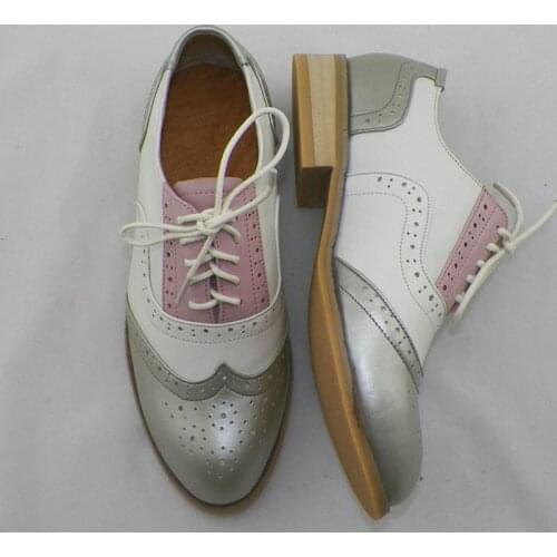 Handmade Hotsales Pink Silver Brand Oxford Shoes For Woman Genuine Leather Round head Flats Brogues Women Oxfords Shoes