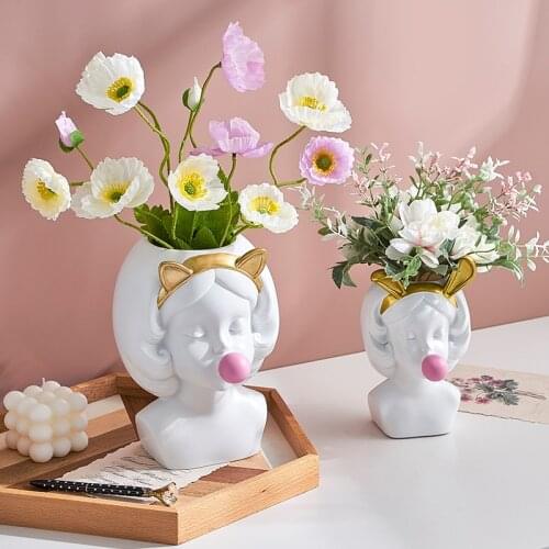 Nodic Resin Antlers Girl Vase Simple Style Human Face Vase Decoration Living Room Bedroom Flower Arrangement Dried Flower Home