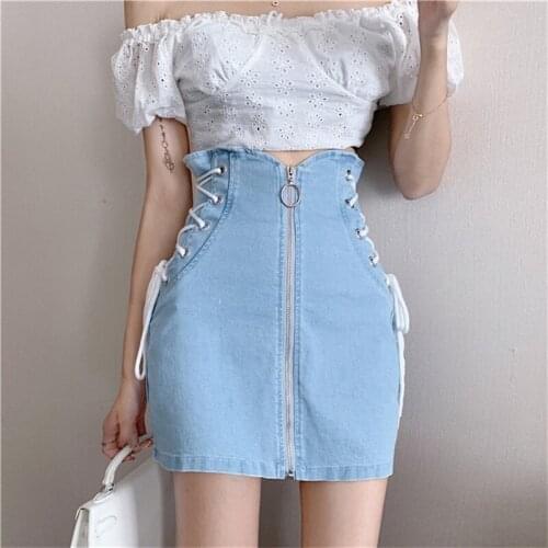 Side Bandage Korean Fashion Summer Women Skirts Chic Solid Slim High Waist Preppy Style Ring zipper A-Line Female Denim Skirt