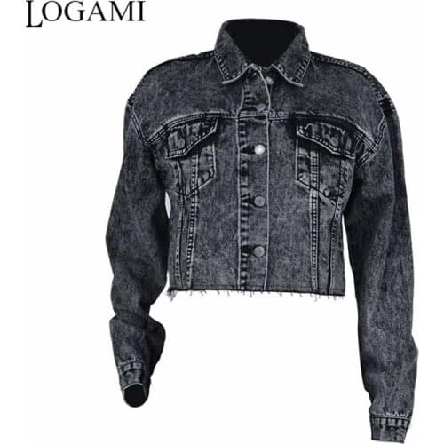 LOGAMI Denim Jacket Women 2019 Turn-down Collar Pocket Coats and Jackets Woman Punk Short Jacket Dark Grey