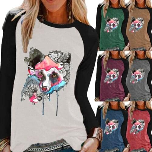 Womens Fashion Autumn Casual Round Neck Loose Printing Long-sleeved Shirt Raglan Sleeves Plus Size T Shirt XS-5XL