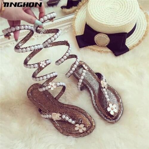 TINGHON New Arrive Snake Women Summer Shoes women sandals Pearl Flowers Around Women Gladiator Sandal women Boots 35-46