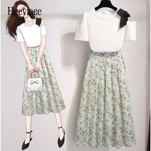 Women Summer Sweet Two pieces set female white short sleeve top and floral print chiffon skirts sets for women elegant outfits