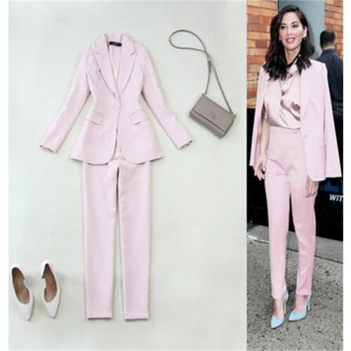 Fashion OL suit female spring fall New high-quality Light pink Leisure Business suit + Cropped Calf pants Two-piece set women