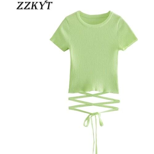 ZZKYT 2021 Women Summer Fashion Solid Bow Tied Straps T Shirt Vintage O-neck Short Sleeve Female Casual Clothes Ladies T-Shirt