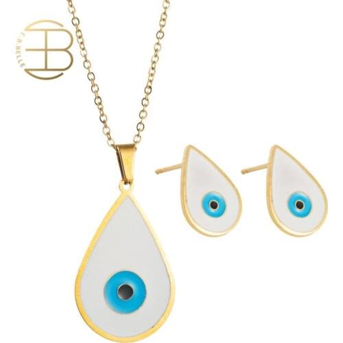 2020 Dropshipping Stainless Steel Minimal Enamel Evil Eye Waterdrop Shape Pendant Necklaces Stud Earrings Jewelry Set For Women