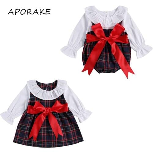 2020 Xmas 0-5Y Infant Baby Girl Sister Matching Clothing Big Bow Ruffle Collar Flare Long Sleeve Plaid Print Romper/Dress