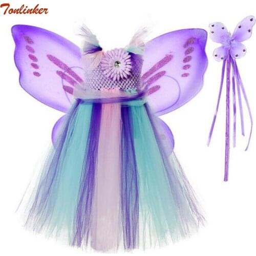 3pc Sets Baby Girl Butterfly Fairy Costume With Wings Wand For Girls Kids Fairy Halloween Fancy Dress Up Party Dress 2-10 Years