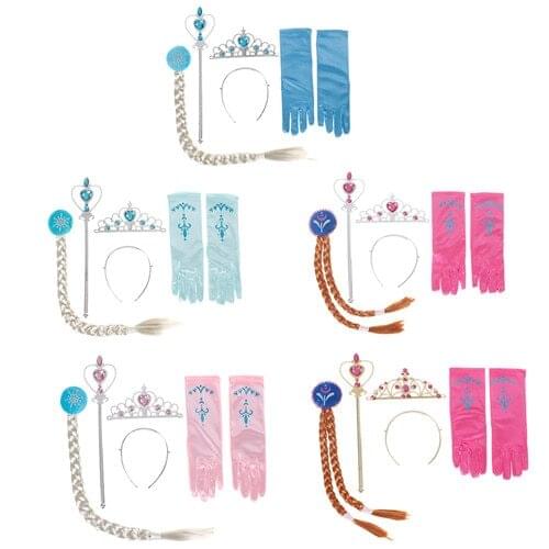4Pcs/set Elsa Anna Cosplay crown magic wand braid gloves Magic Wand + Rhinestone Hair Crown + Glove Set Girl 5 Styles