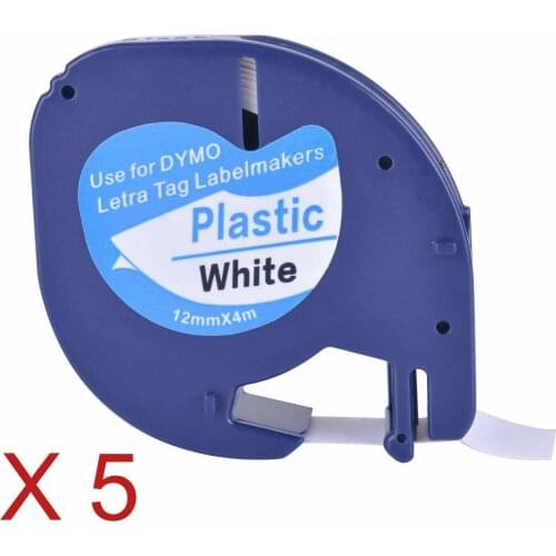 5 Compatible Dymo LetraTag 91201 Black on White (12mm x 4m) Plastic Label Tapes