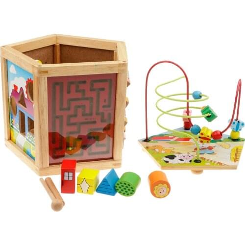 5 in 1 Multi-function Wooden Beads Maze Cube Activity Play Center, Early Educational Toy