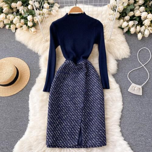 Amolapha 2021 Autumn Korean Elegant Long Sleeve O-Neck Slim Knitted Plaid Patchwork Woolen Women A-Line Dress