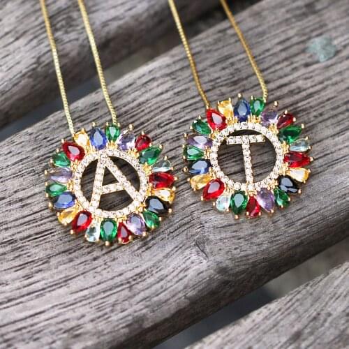 1PCS New Style Gold Color Chain Micro Pave Rainbow CZ Cubic Zircon A-Z Initials Letter Pendant Necklace For Women Charm Jewelry