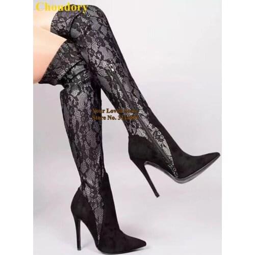 Choudory Black Lace Flowers Over The Knee Boots Pointed Toe Suede Patchwork Thigh High Boots Floral Zipper Dress Shoes Tall Boot