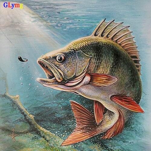 GLymg Fishing Diy Diamond Painting Cross Stitch Full Square Water Fish Diamond Embroidery Animal Picture Restaurant Home Decor
