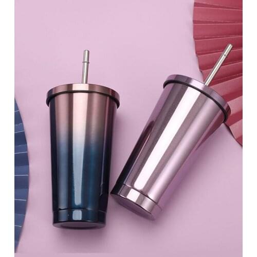 500ml Double Wall 304 Stainless Steel Coffee Bottle With Straw to Go Cold Beer Cup Insulated Water Tumbler Mug Travel Dropship