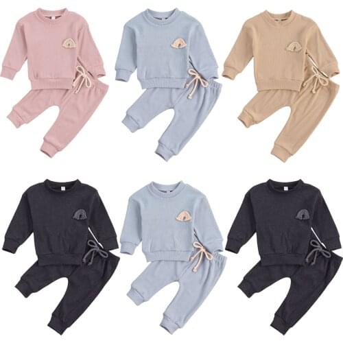 0-24M Autumn Infant Baby Girls Boys Clothes Sets Solid Long Sleeve Pullover Sweatshirts Tops Pants Trousers 4 Colors
