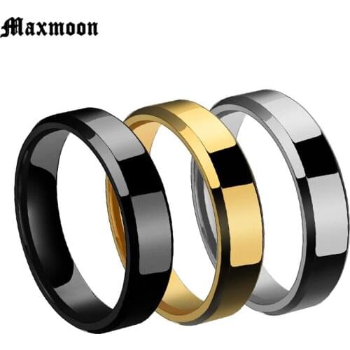 Maxmoon 2018 6mm Titanium Steel Black Finger Rings For Man Silver Color Plated Ring For Women Golden-color Jewelry Female